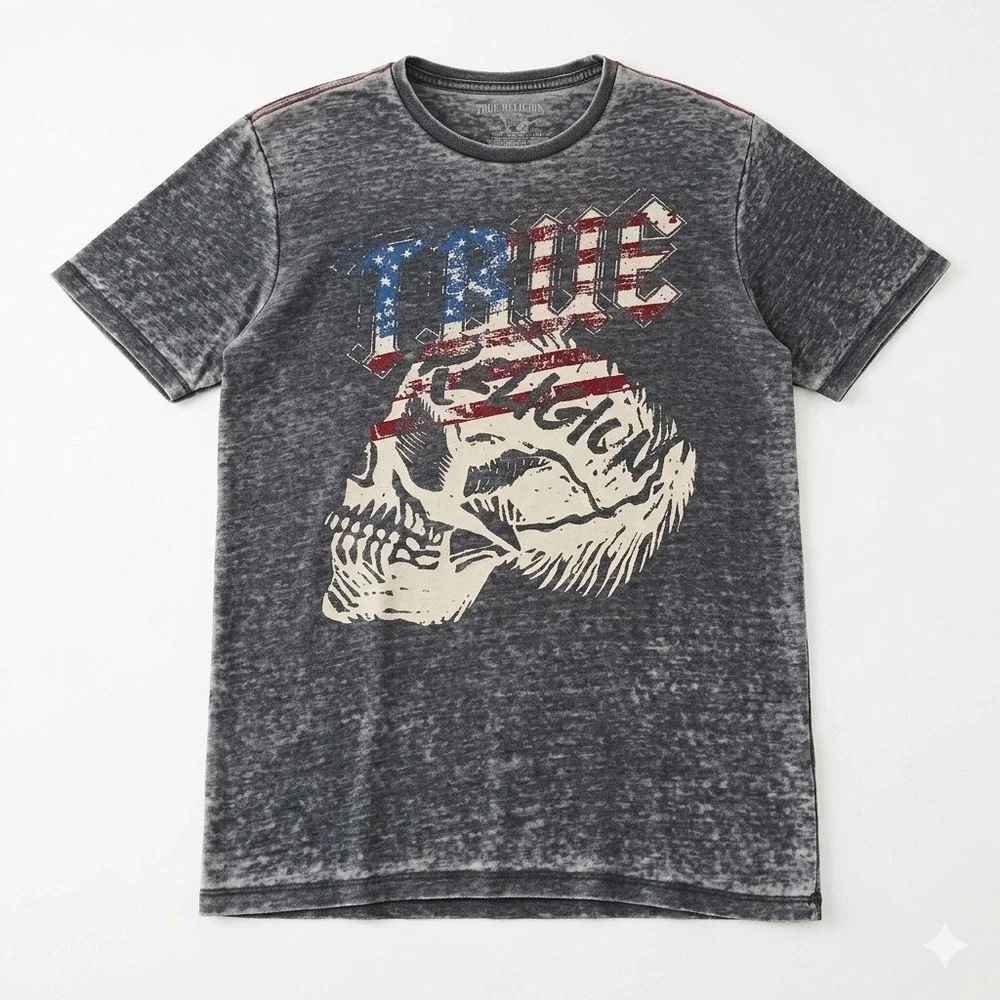 True Religion Shirt Mens Medium M Gray Acid Wash Burnout Skull American Flag Tee